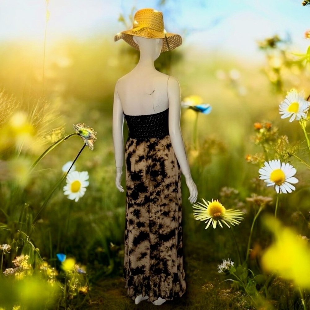 Anthropologie Black and Tan Faded Rose Strapless Maxi Dress - Picture 9 of 16